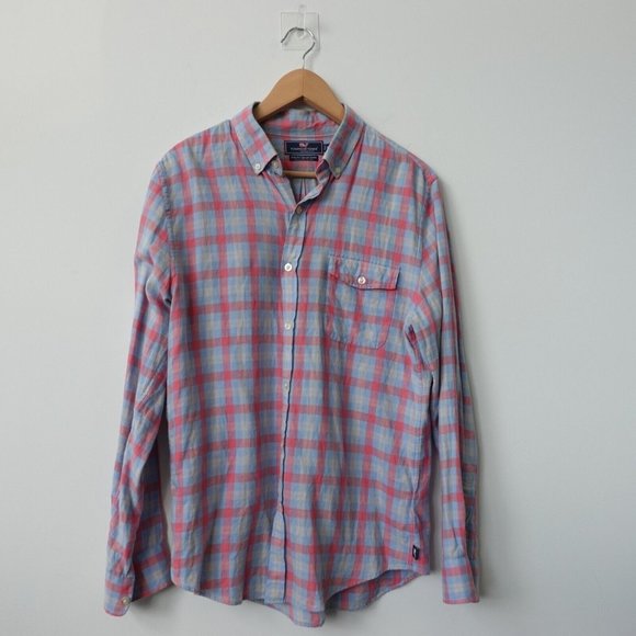 Vineyard Vines Shirt Mens Medium Blue‎ Cotton Button Down Plaid Slim Fit Crosby - Picture 1 of 8